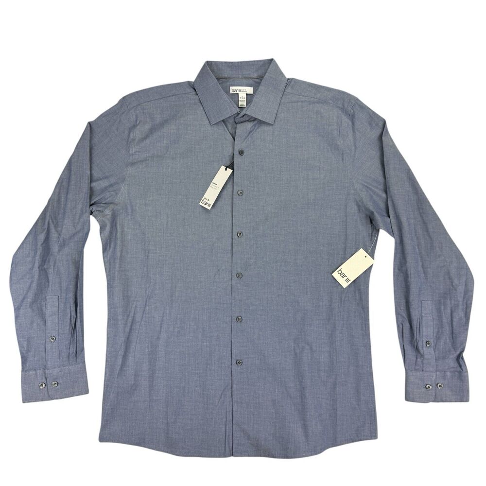 Bar III Mens Slim Fit Stretch Chambray Dress Shirt Indigo Blue L 16-16.5